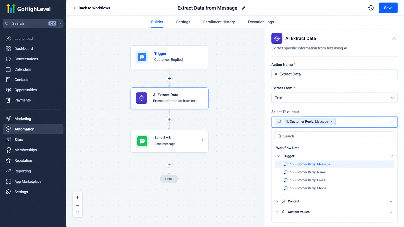 GoHighLevel AI Extract Data Extract From field