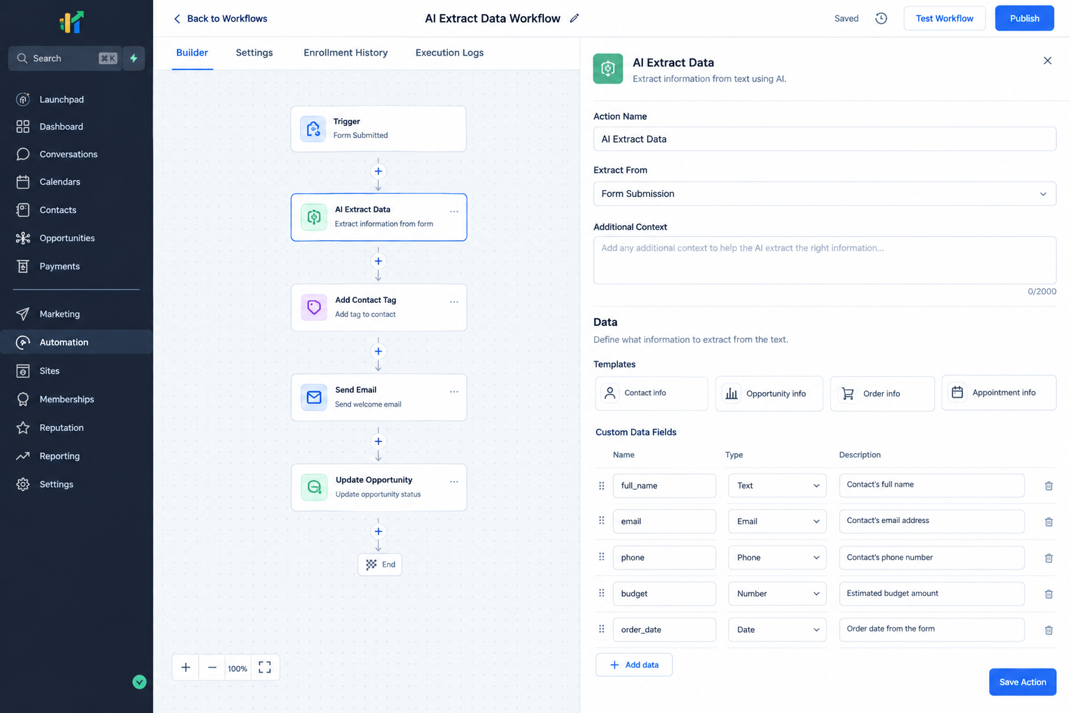 GoHighLevel AI Extract Data field configuration