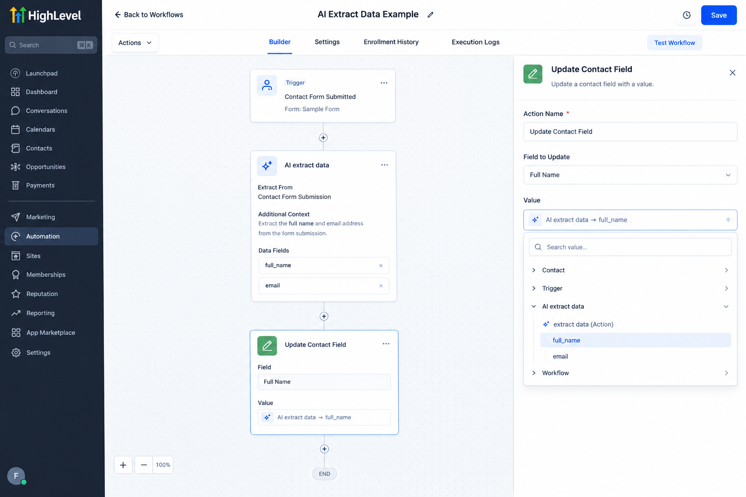 GoHighLevel workflow using AI Extract Data output