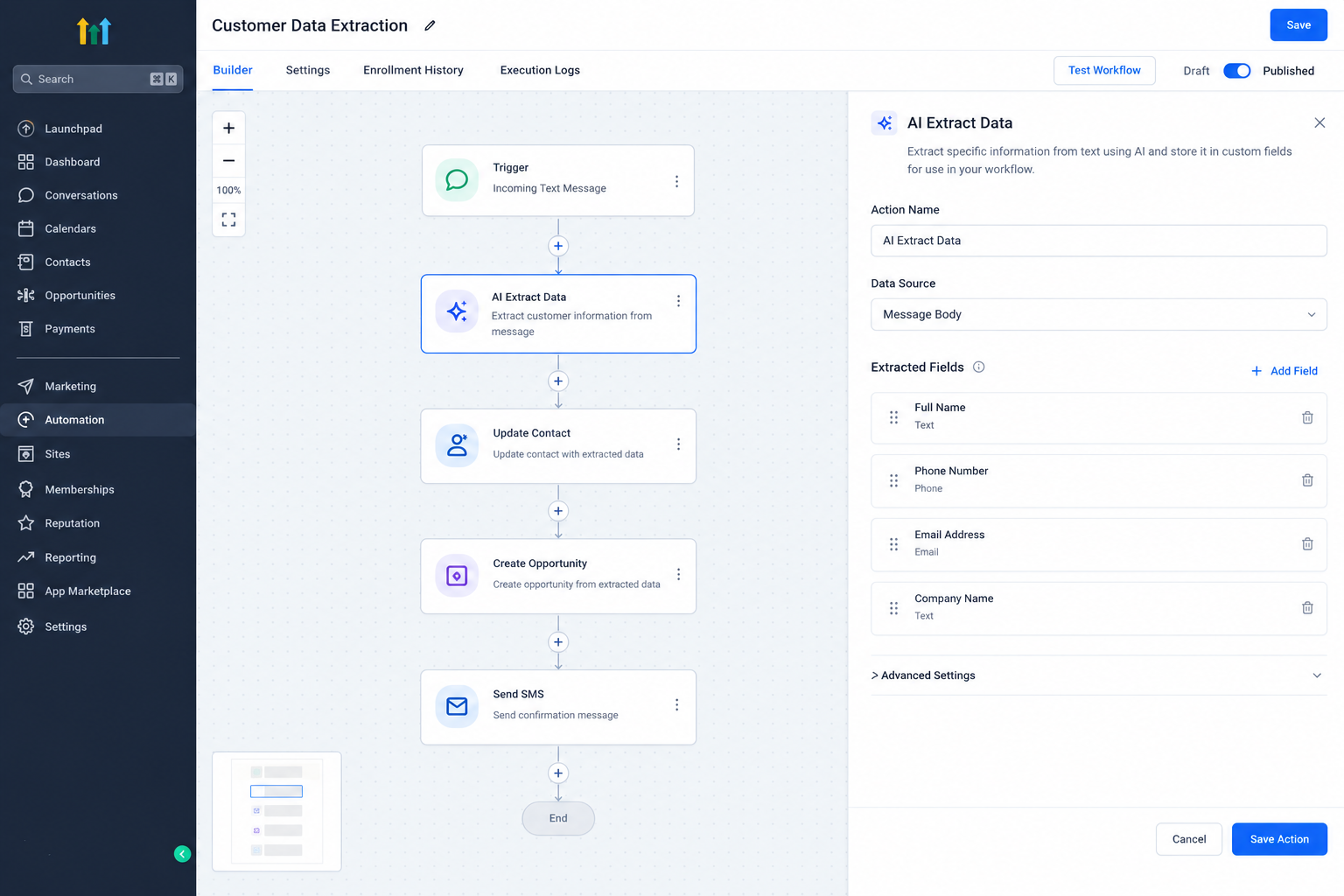 GoHighLevel workflow automation with AI Extract Data Action