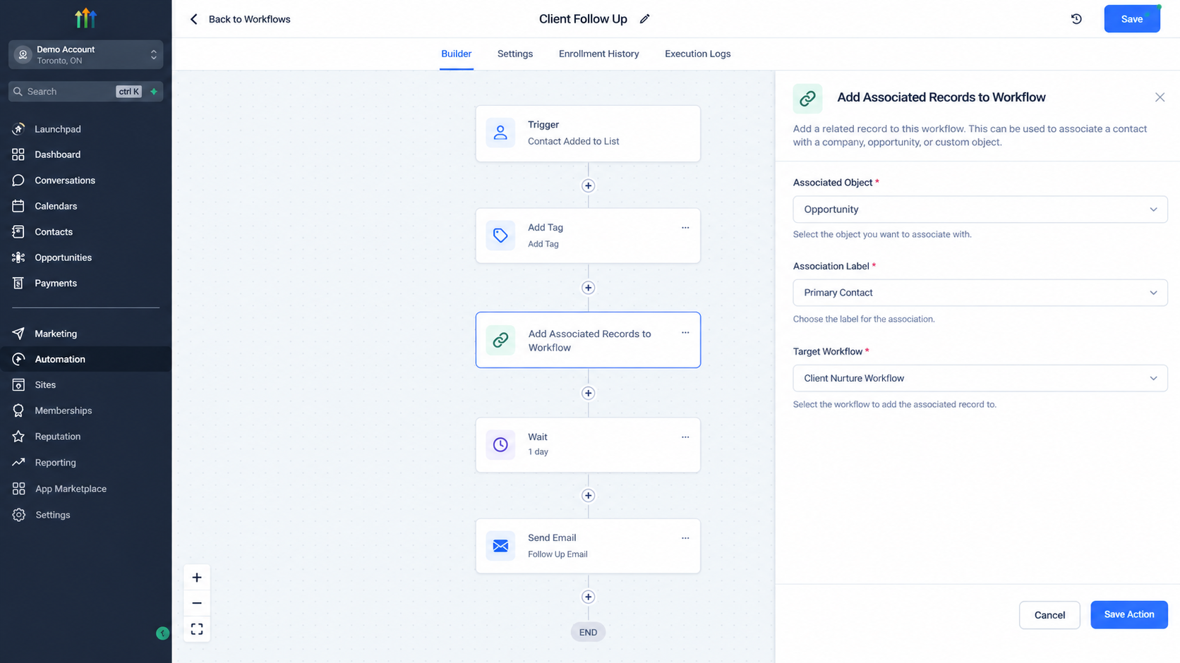 GoHighLevel Add Associated Records to Workflow action configuration