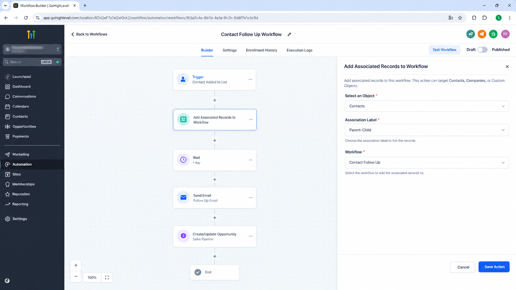 GoHighLevel Add Associated Records to Workflow association label