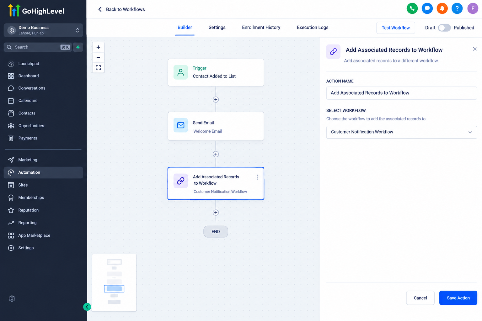 GoHighLevel Add Associated Records to Workflow target workflow selection
