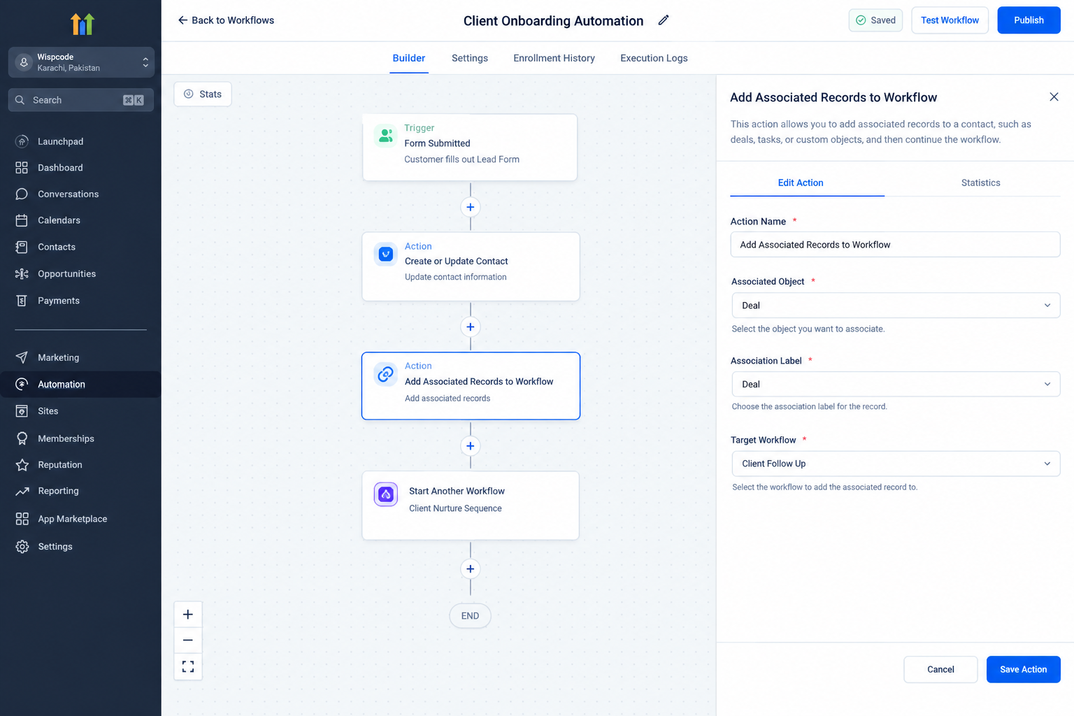 GoHighLevel workflow using Add Associated Records to Workflow action