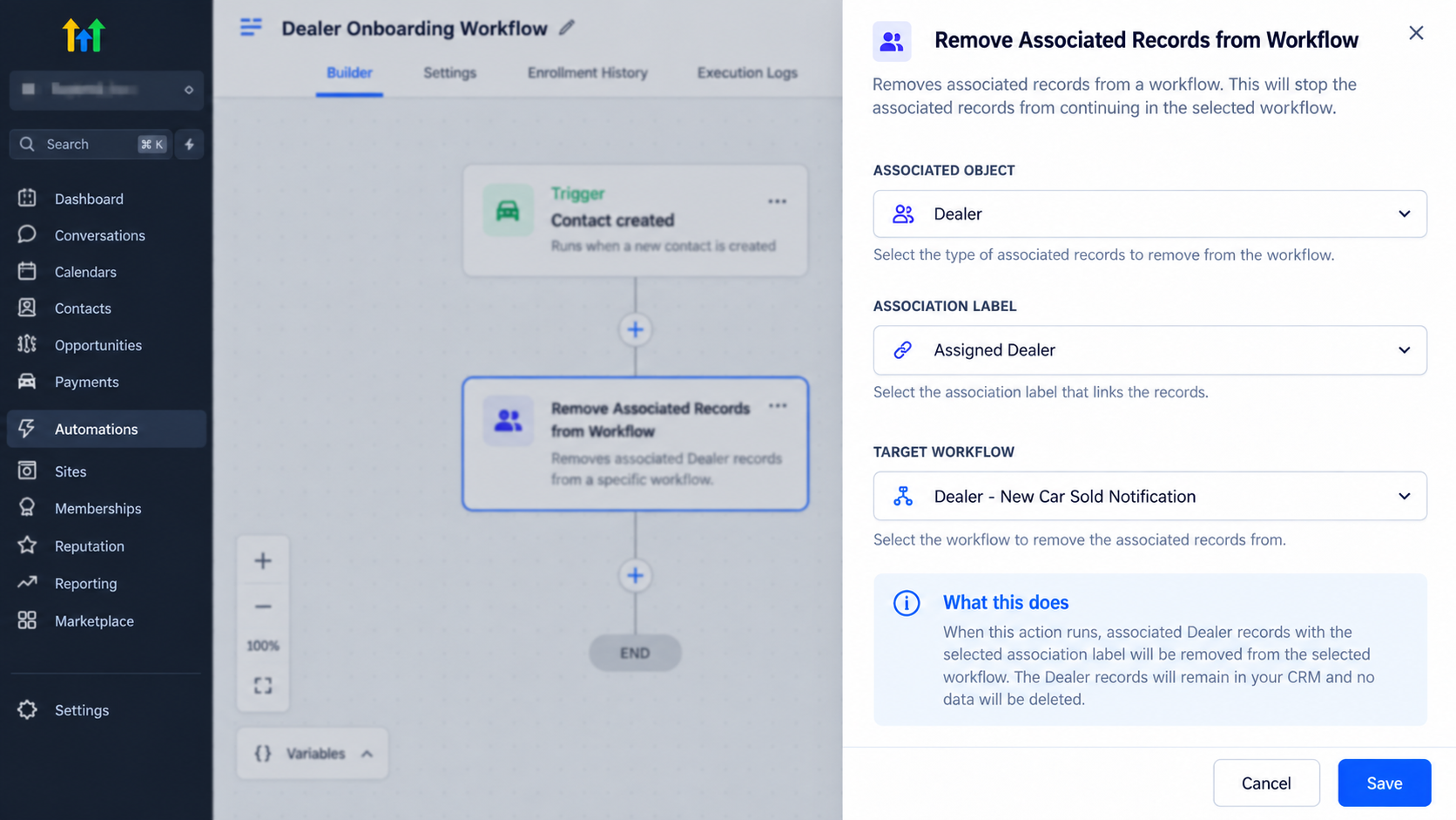 Remove Associated Records from Workflow settings showing Dealer as the associated object, Assigned Dealer as the association label, and a Dealer notification workflow as the target. Remove Associated Records from Workflow settings showing Dealer as the associated object, Assigned Dealer as the association label, and a Dealer notification workflow as the target.