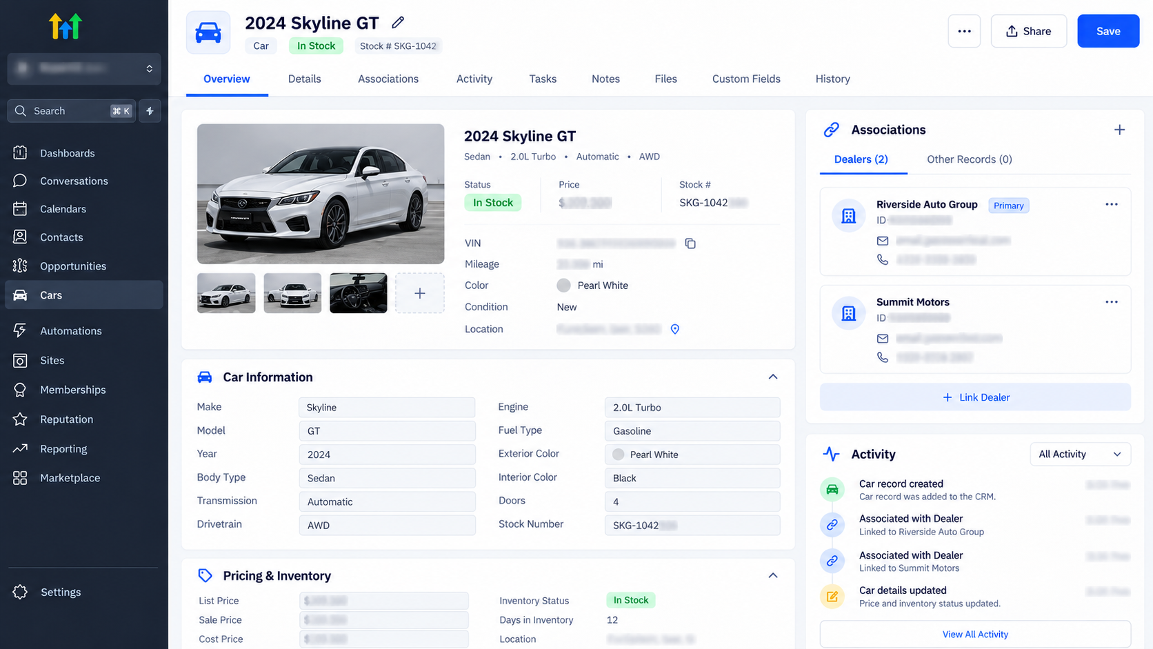 CRM Car record linked to Dealer records through an association in a GoHighLevel-style record view. CRM Car record linked to Dealer records through an association in a GoHighLevel-style record view.