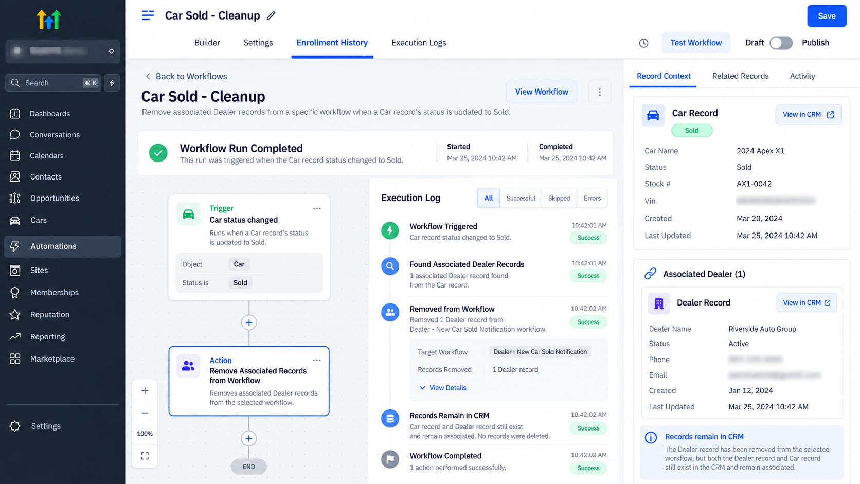 Workflow test showing an associated Dealer record successfully removed from a notification workflow after a Car status changes to Sold. Workflow test showing an associated Dealer record successfully removed from a notification workflow after a Car status changes to Sold.
