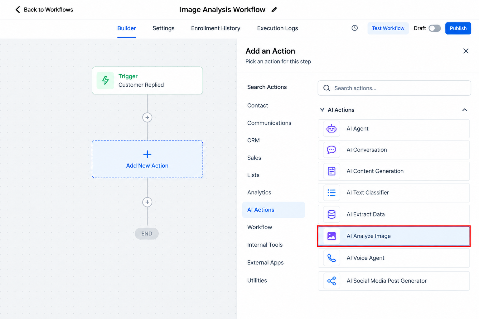GoHighLevel workflow showing the AI Analyze Image Action