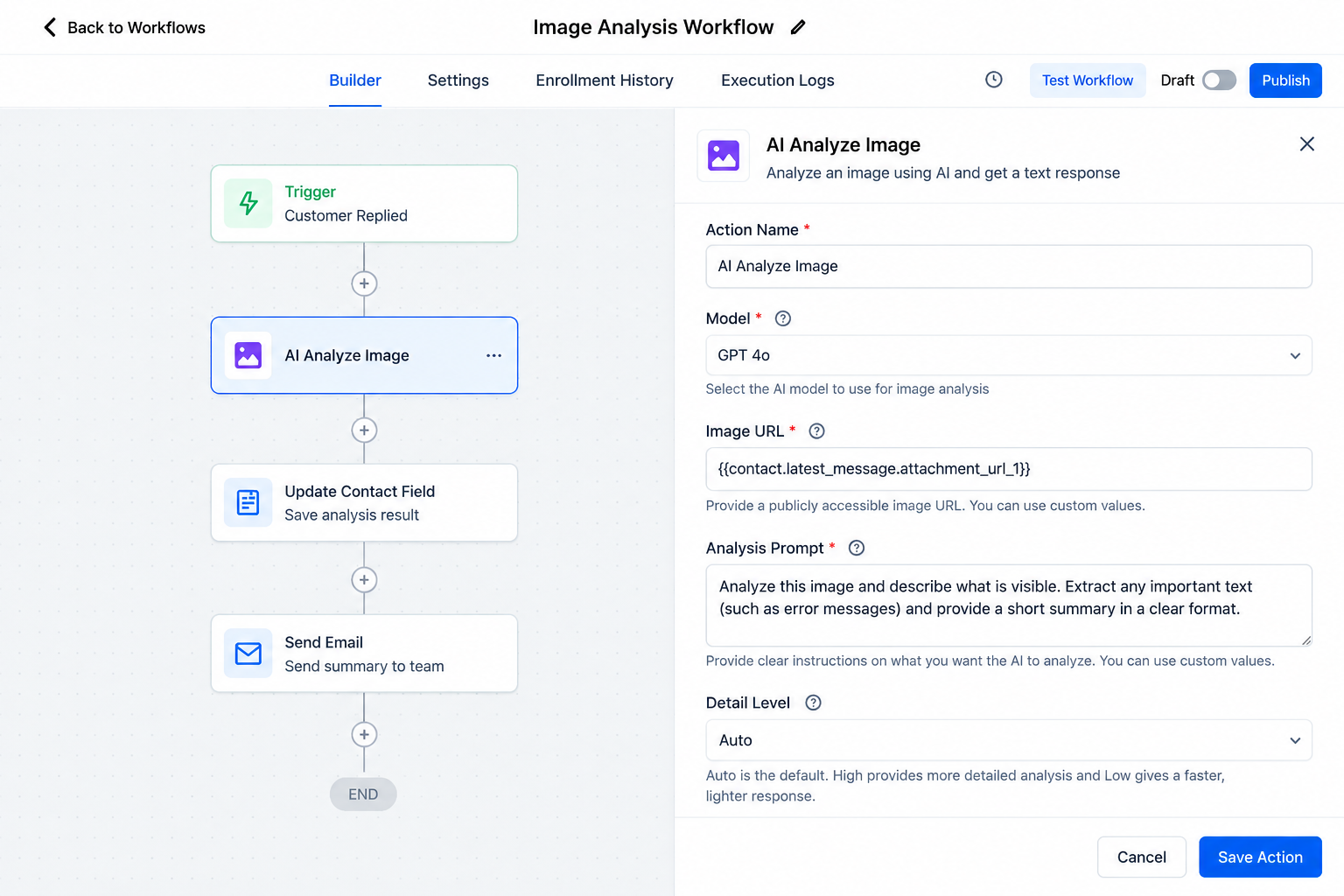 GoHighLevel AI Analyze Image Action settings with Image URL, Analysis Prompt, and Detail Level