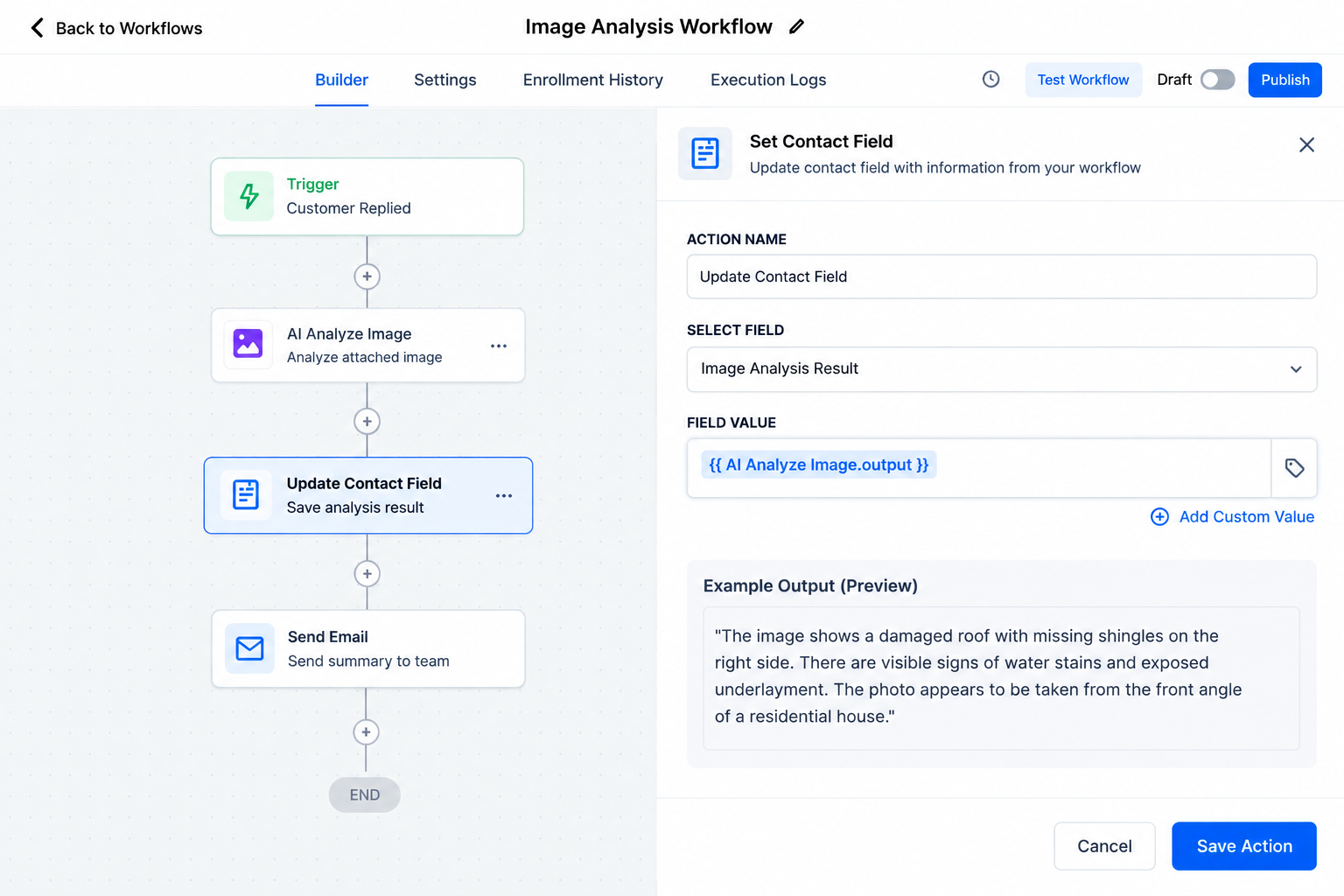 GoHighLevel workflow using AI Analyze Image output in a contact field