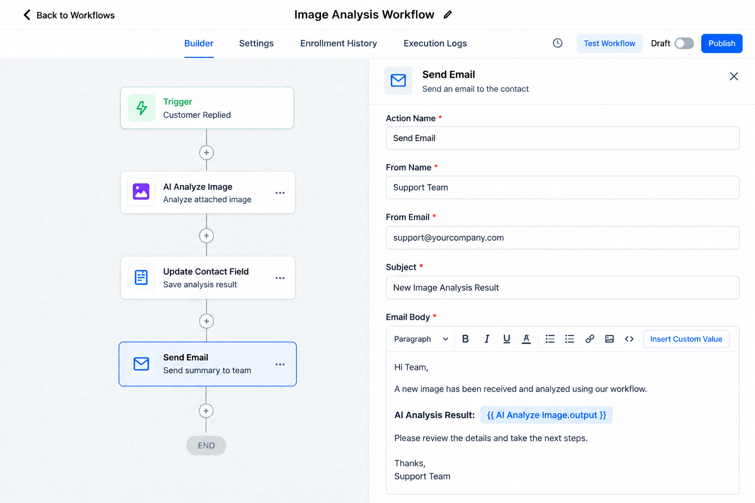 GoHighLevel workflow sending AI Analyze Image output in an email