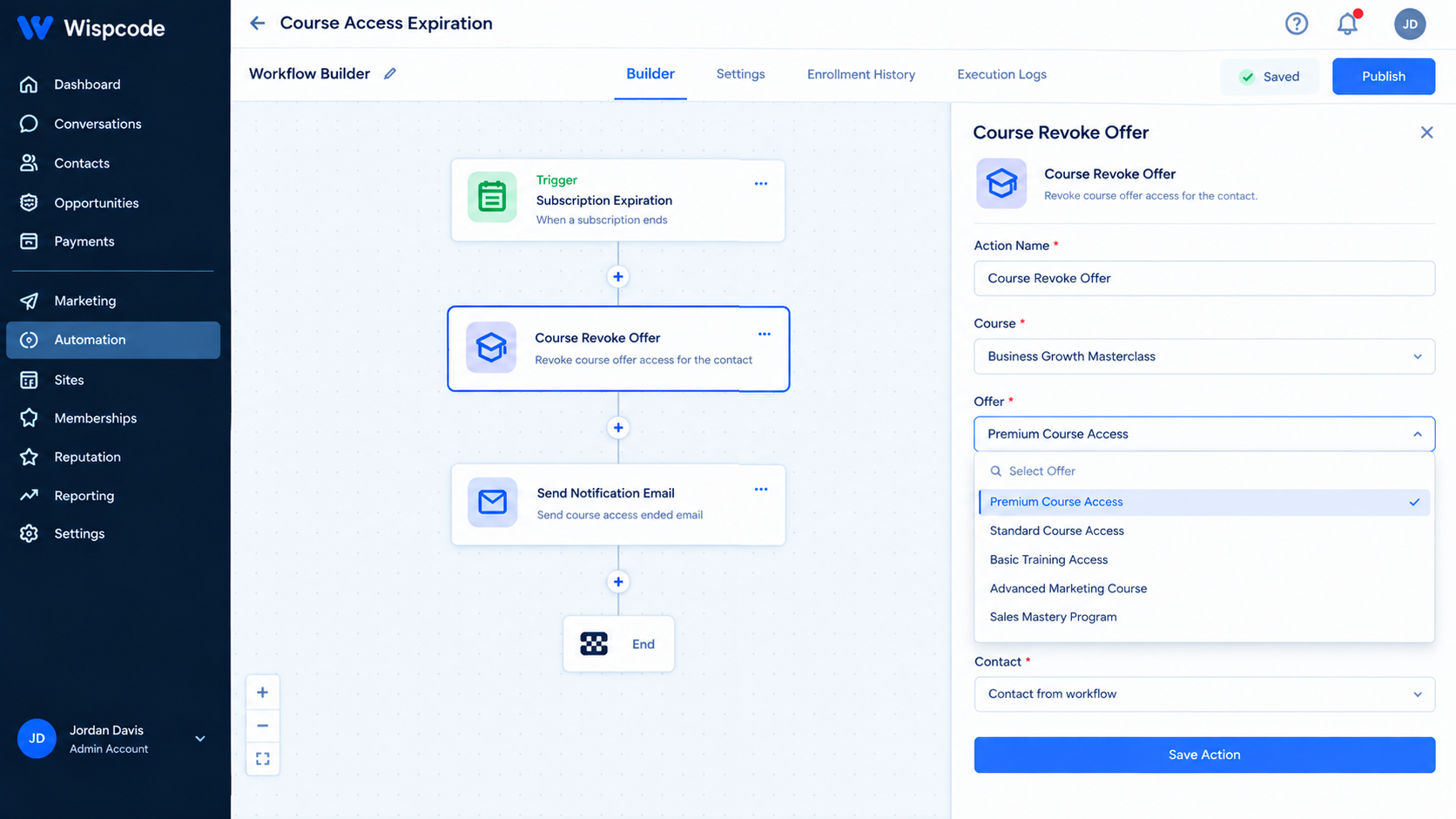 GoHighLevel workflow builder displaying Course Access Expiration workflow with Course Revoke Offer action configuration settings GoHighLevel workflow builder displaying Course Access Expiration workflow with Course Revoke Offer action configuration settings