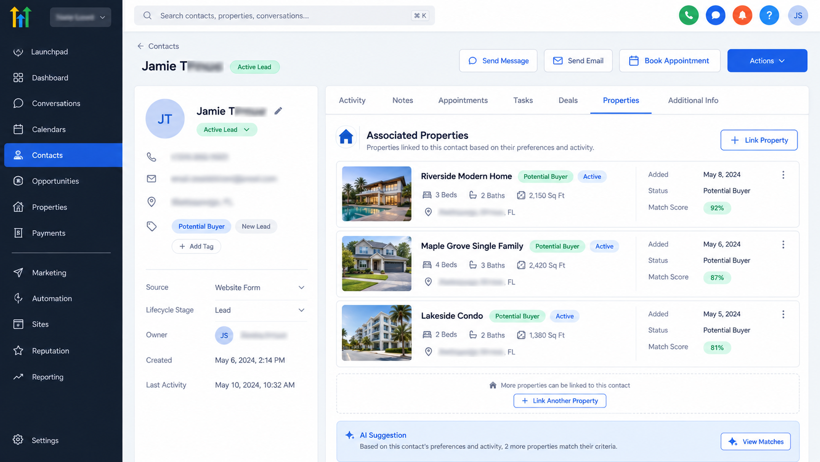 GoHighLevel contact record showing associated property records labeled Potential Buyer GoHighLevel contact record showing associated property records labeled Potential Buyer