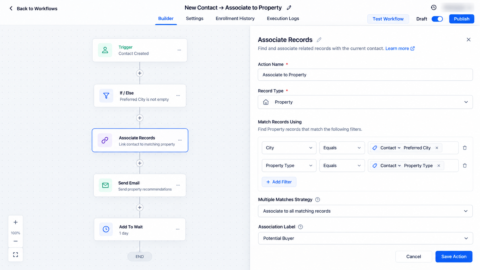 GoHighLevel workflow builder showing the Associate Records action configured to link a contact with a property GoHighLevel workflow builder showing the Associate Records action configured to link a contact with a property