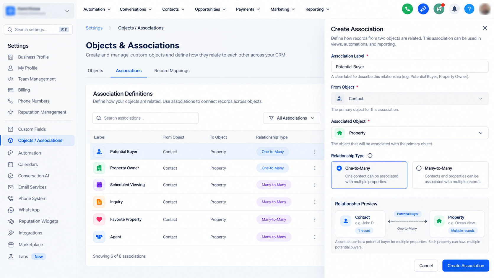 GoHighLevel association settings showing a Contact-to-Property relationship with the Potential Buyer label GoHighLevel association settings showing a Contact-to-Property relationship with the Potential Buyer label