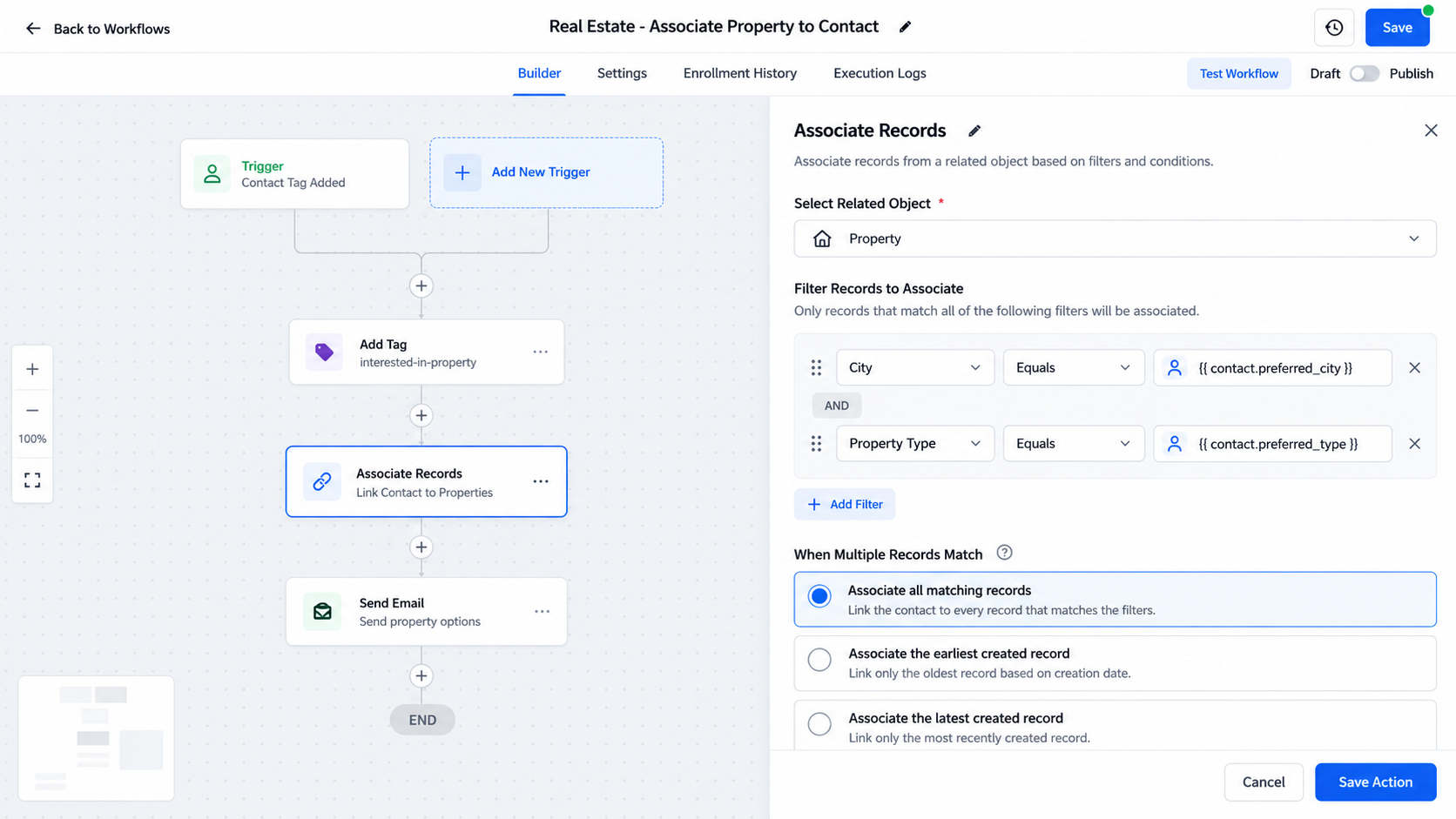 GoHighLevel Associate Records action using city and property type filters with multiple-record matching options GoHighLevel Associate Records action using city and property type filters with multiple-record matching options