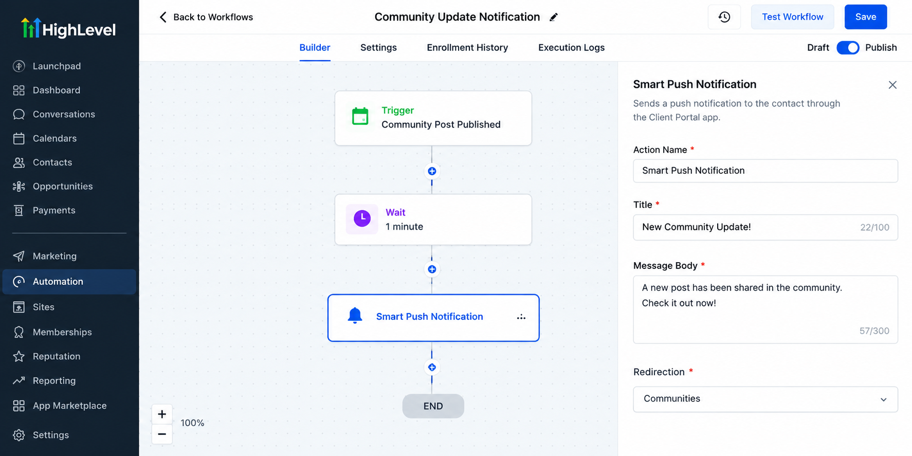 GoHighLevel Smart Push Notification workflow for a completed course lesson with a personalized message and Courses redirection. GoHighLevel Smart Push Notification workflow for a completed course lesson with a personalized message and Courses redirection.