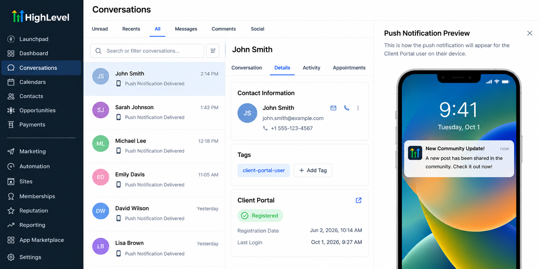 GoHighLevel Client Portal user receiving a Smart Push Notification for a new community update on a mobile device. GoHighLevel Client Portal user receiving a Smart Push Notification for a new community update on a mobile device.