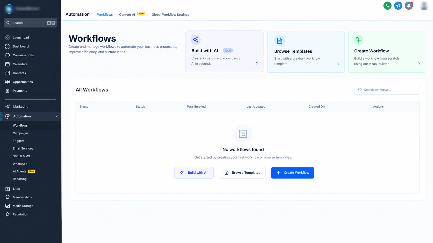 GoHighLevel Workflows dashboard showing the workflow management area