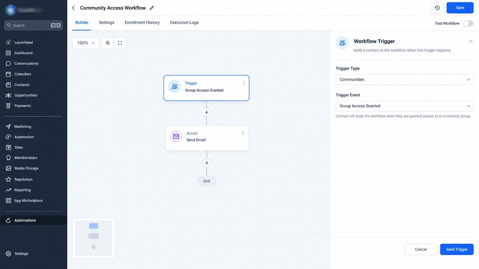 GoHighLevel Workflow Builder showing the workflow trigger configuration