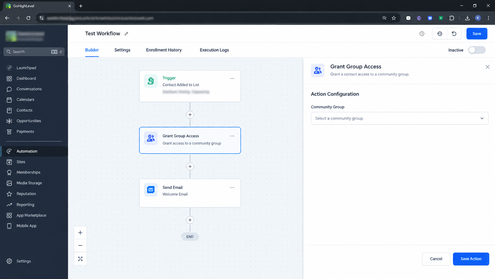 GoHighLevel Workflow Builder showing the Grant Group Access action