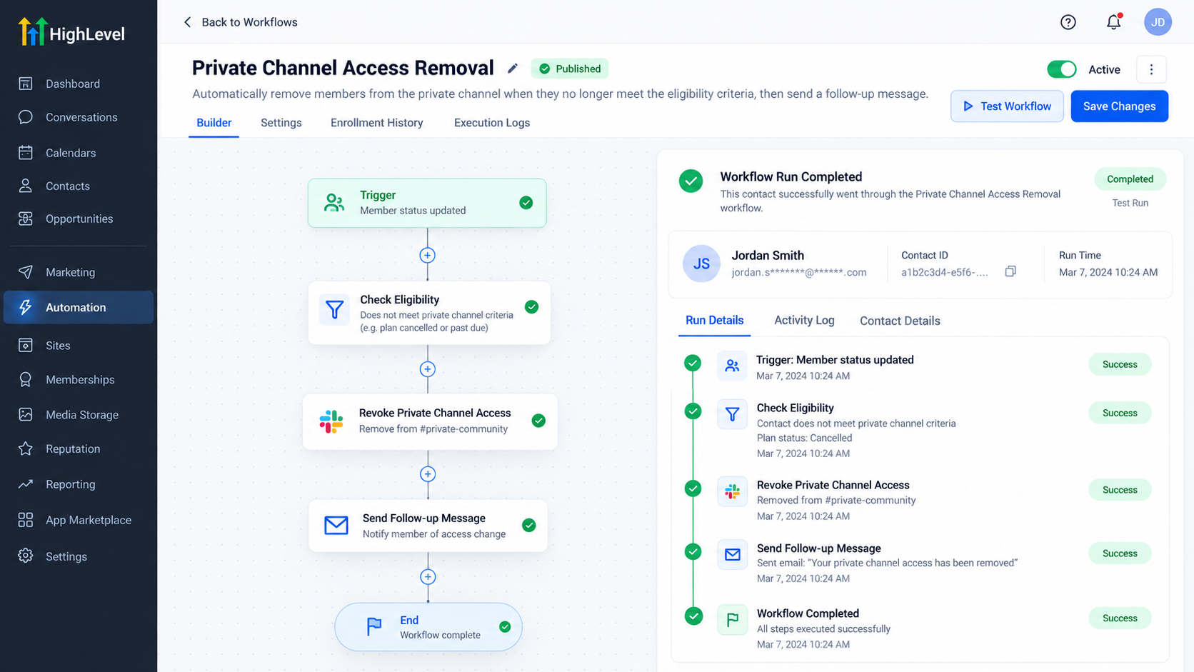 GoHighLevel workflow test showing successful Revoke Private Channel Access execution and follow-up communication GoHighLevel workflow test showing successful Revoke Private Channel Access execution and follow-up communication