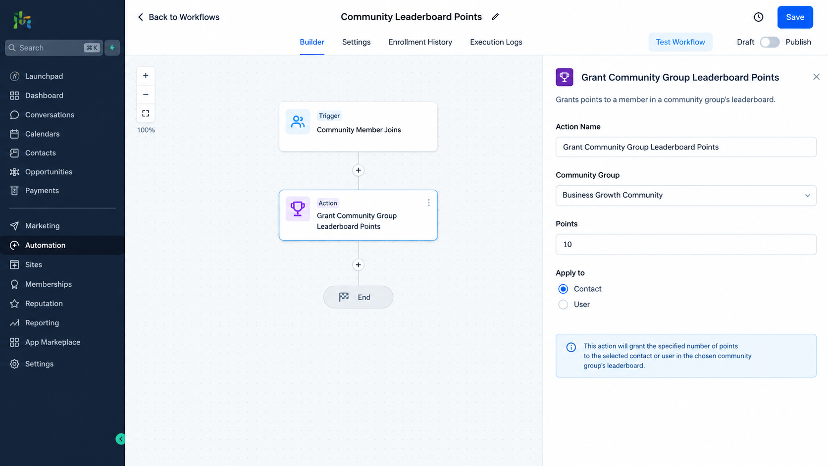 GoHighLevel workflow showing the Grant Community Group Leaderboard Points action GoHighLevel workflow showing the Grant Community Group Leaderboard Points action