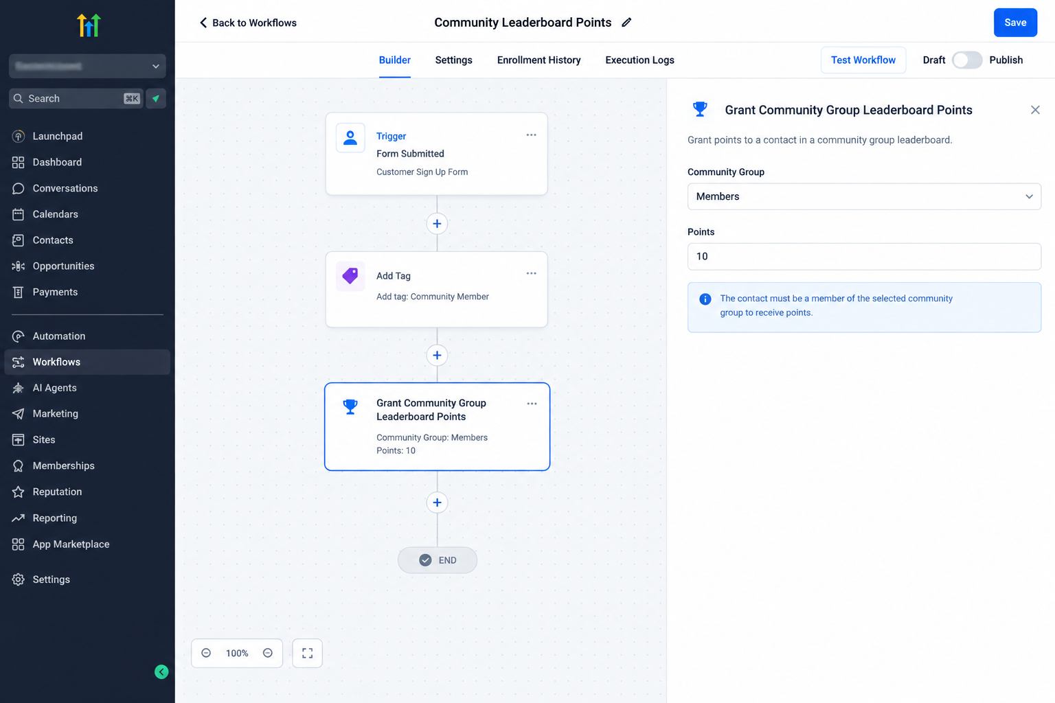 GoHighLevel workflow automatically awarding Community leaderboard points GoHighLevel workflow automatically awarding Community leaderboard points