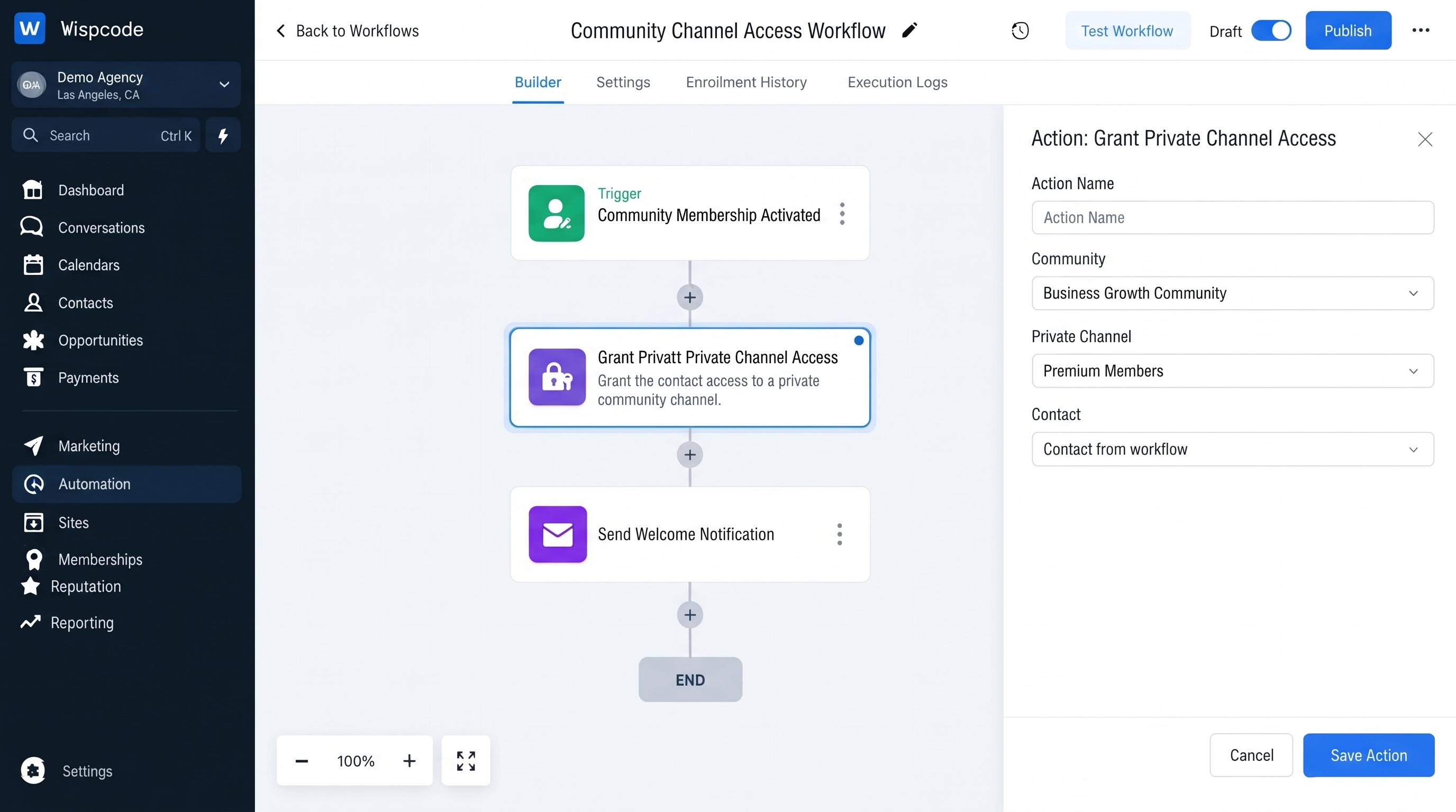 GoHighLevel workflow builder displaying a Community Channel Access Workflow with Grant Private Channel Access action settings GoHighLevel workflow builder displaying a Community Channel Access Workflow with Grant Private Channel Access action settings