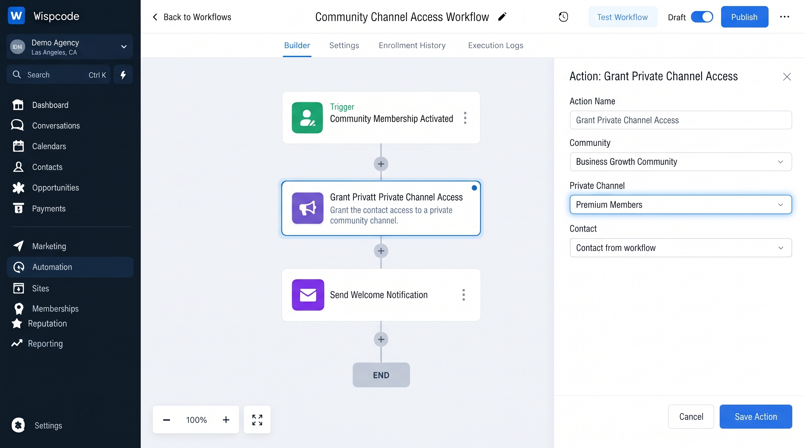 GoHighLevel workflow builder displaying a Community Channel Access Workflow with Grant Private Channel Access action configuration settings GoHighLevel workflow builder displaying a Community Channel Access Workflow with Grant Private Channel Access action configuration settings