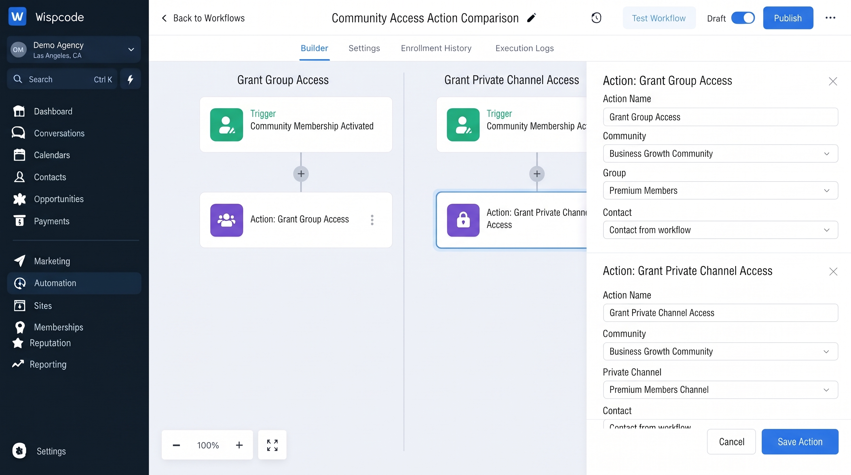 GoHighLevel workflow builder displaying Community Access Action Comparison with side-by-side group and private channel access configuration panels GoHighLevel workflow builder displaying Community Access Action Comparison with side-by-side group and private channel access configuration panels