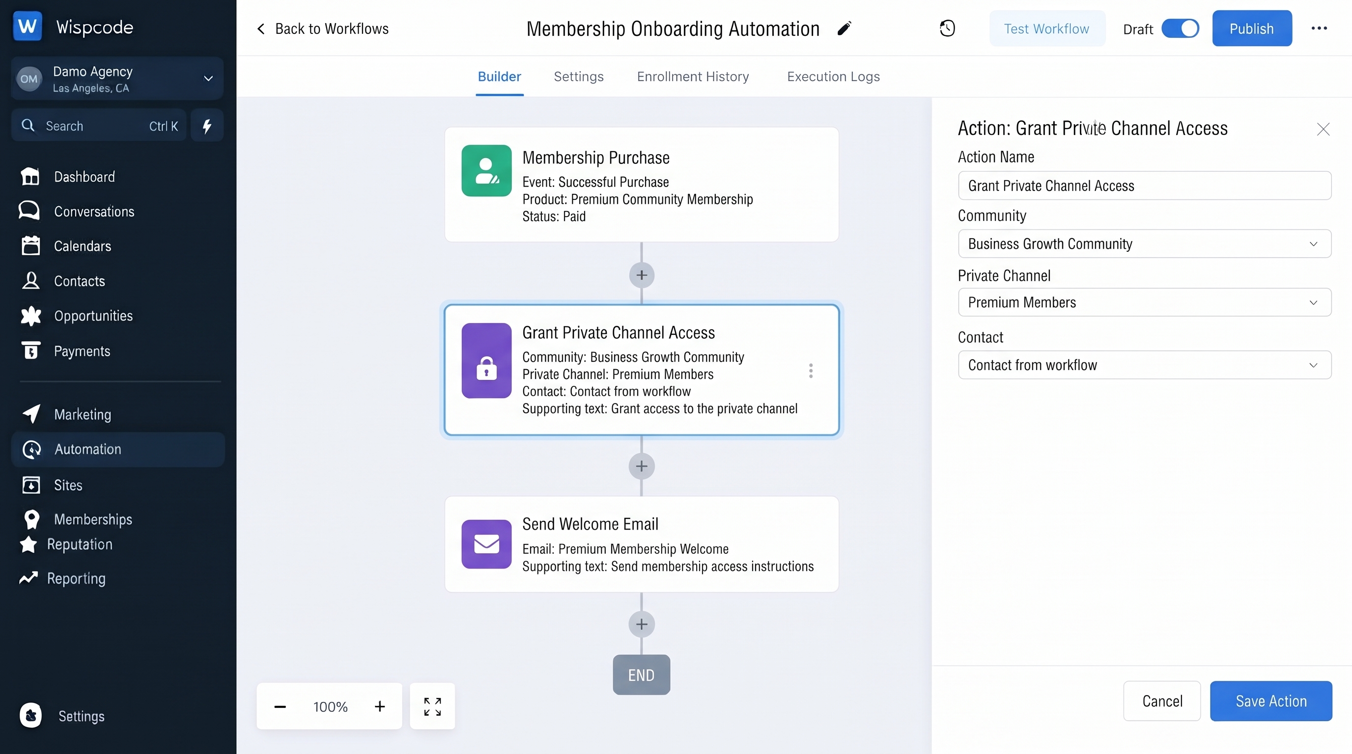 GoHighLevel workflow builder displaying a Membership Onboarding Automation workflow with Grant Private Channel Access configuration settings GoHighLevel workflow builder displaying a Membership Onboarding Automation workflow with Grant Private Channel Access configuration settings