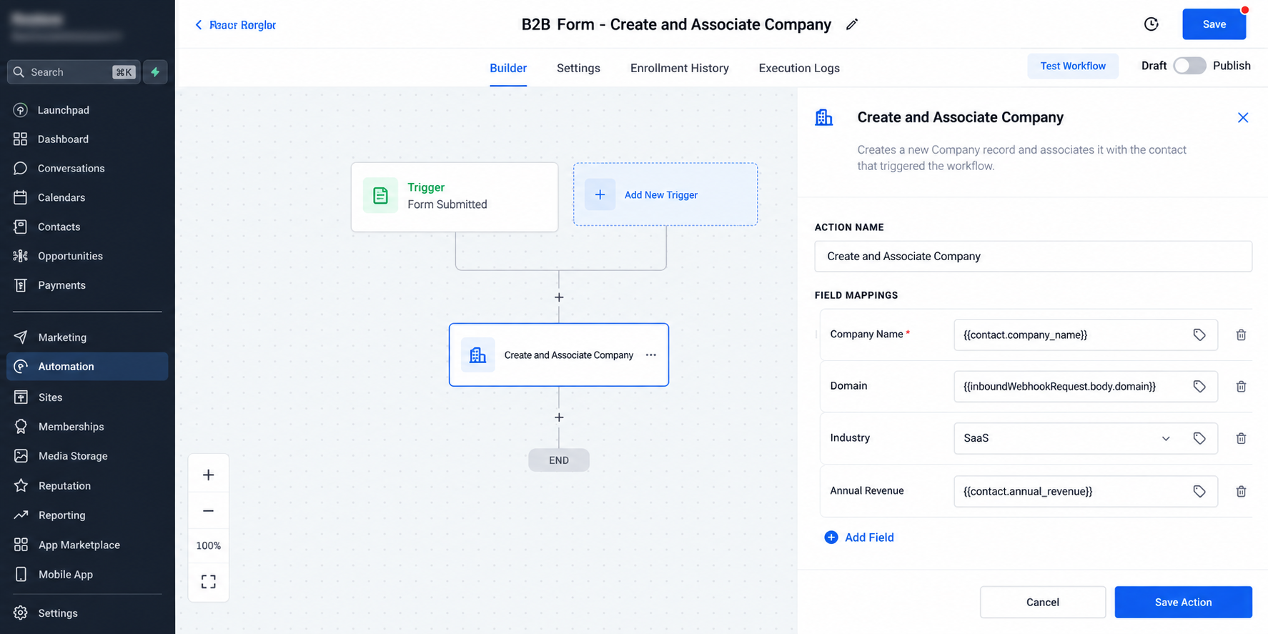 GoHighLevel Create and Associate Company action mapping contact company name and inbound webhook domain values GoHighLevel Create and Associate Company action mapping contact company name and inbound webhook domain values