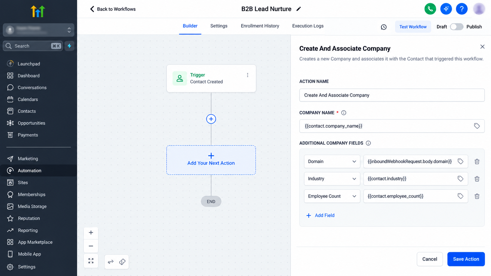 Create and Associate Company field mapping panel in a GoHighLevel workflow with company name, domain, industry, and employee count fields Create and Associate Company field mapping panel in a GoHighLevel workflow with company name, domain, industry, and employee count fields