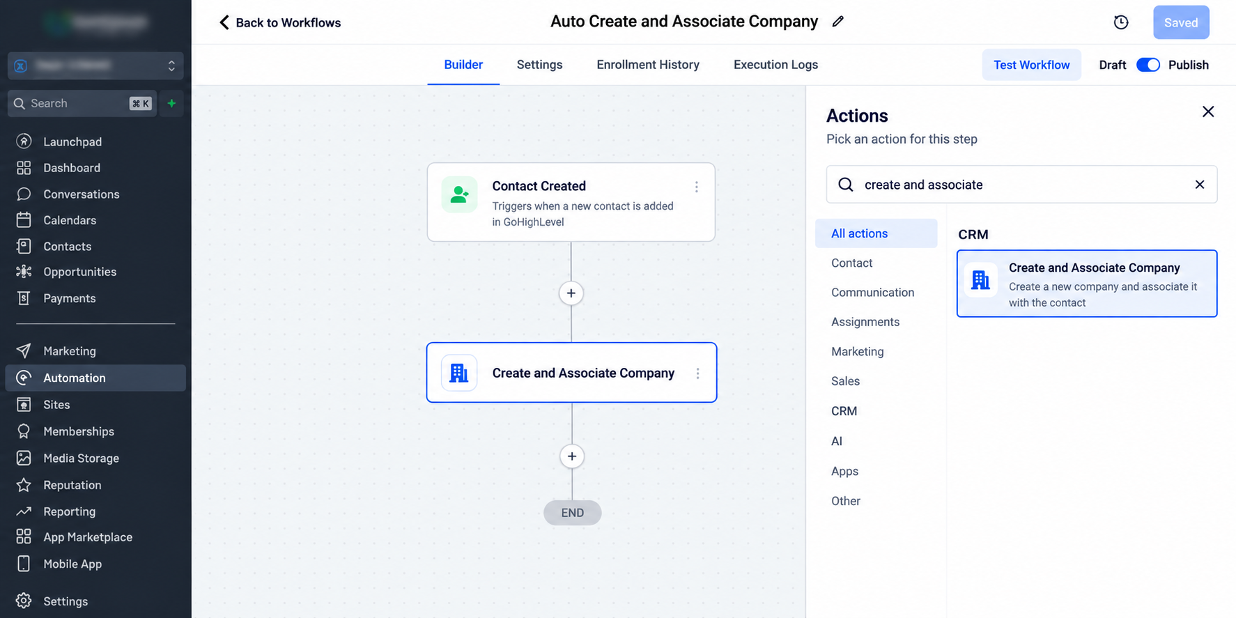 GoHighLevel workflow action selector showing the Create and Associate Company CRM action GoHighLevel workflow action selector showing the Create and Associate Company CRM action