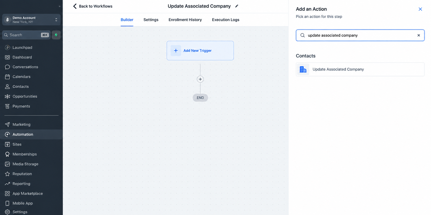 GoHighLevel workflow builder showing the Update Associated Company action in the Add an Action panel.