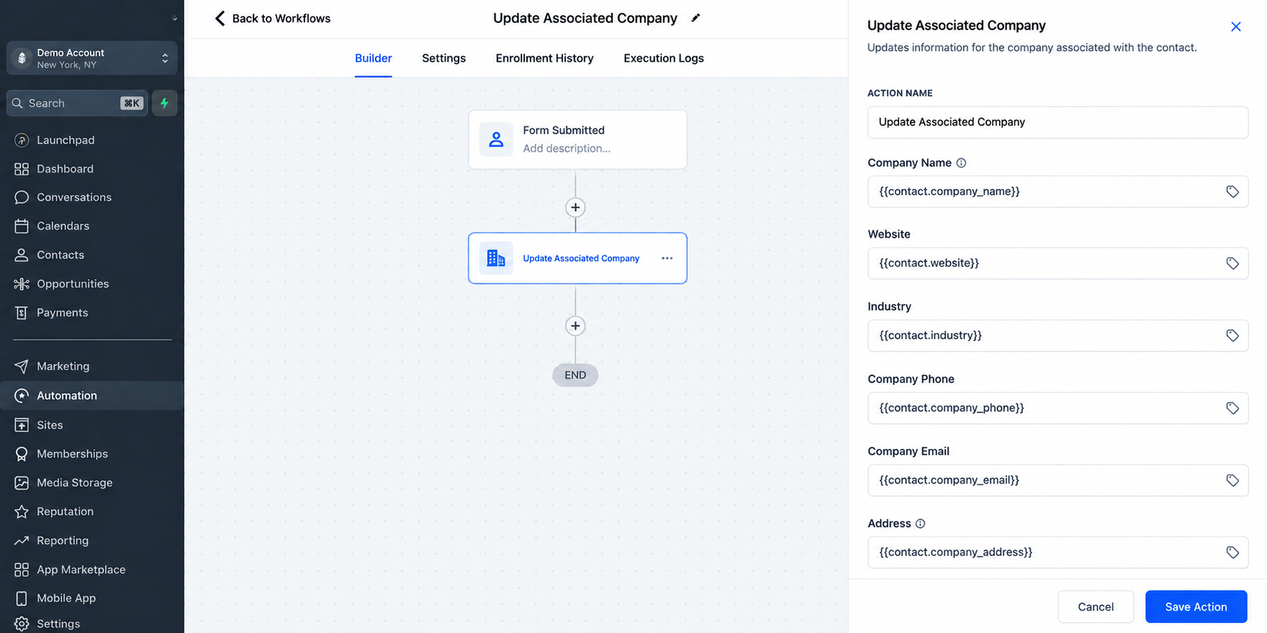GoHighLevel Update Associated Company action configuration showing company fields mapped inside a workflow.