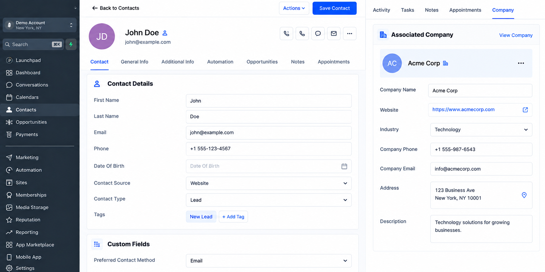 GoHighLevel contact record showing an associated company with separate contact and company information.
