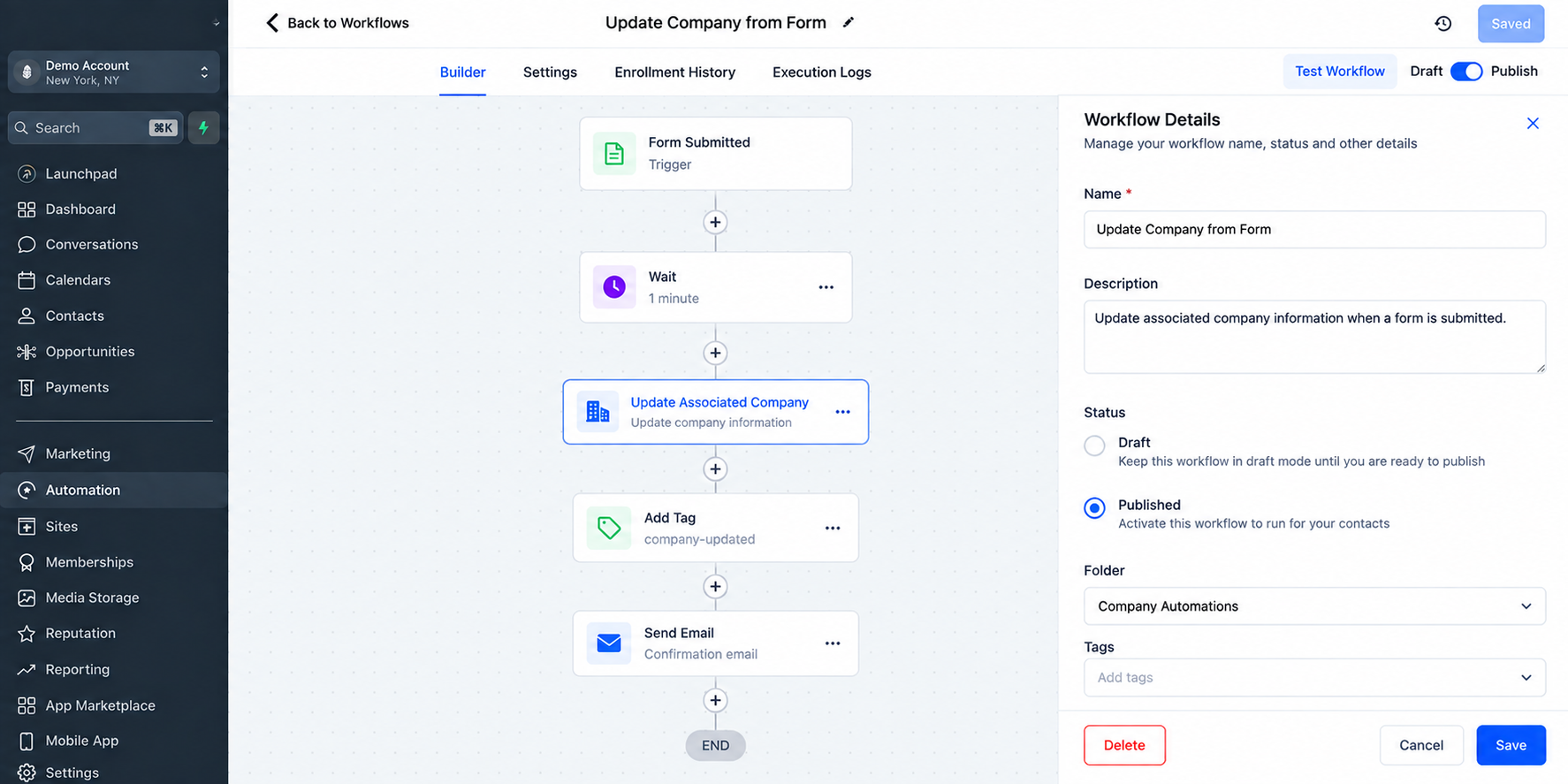 GoHighLevel workflow showing a Form Submitted trigger, Update Associated Company action, and follow-up automation steps.