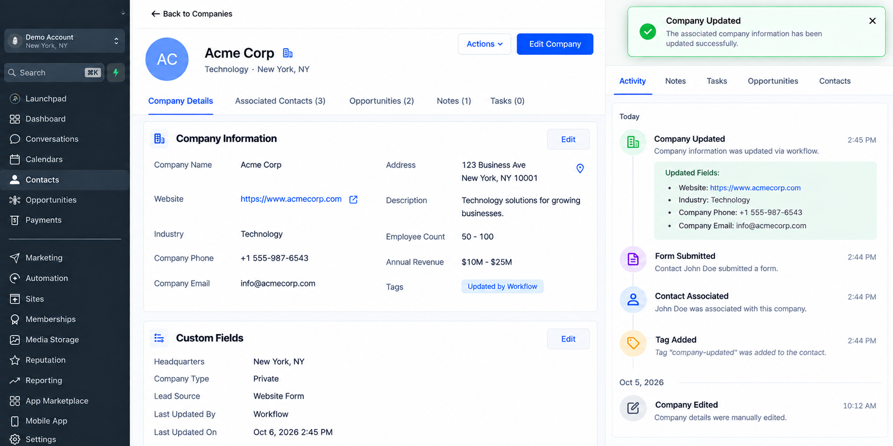 GoHighLevel company record showing updated company information and workflow activity after an automated company update.