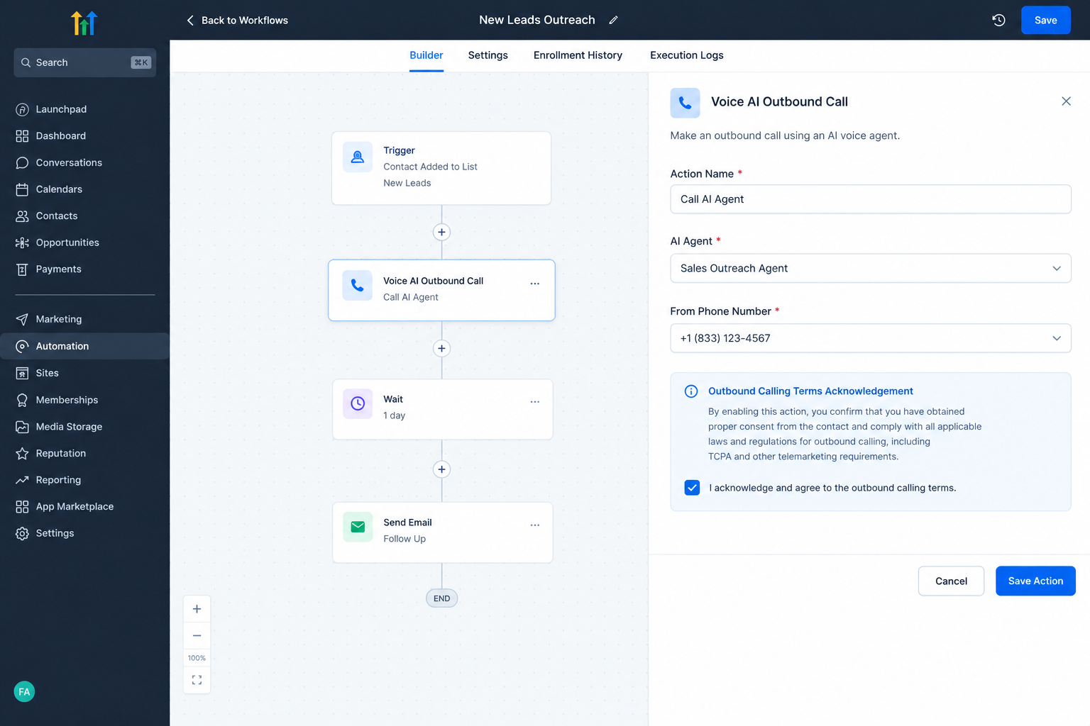 GoHighLevel Voice AI Outbound Call action configuration showing AI Agent and From Phone Number settings GoHighLevel Voice AI Outbound Call action configuration showing AI Agent and From Phone Number settings