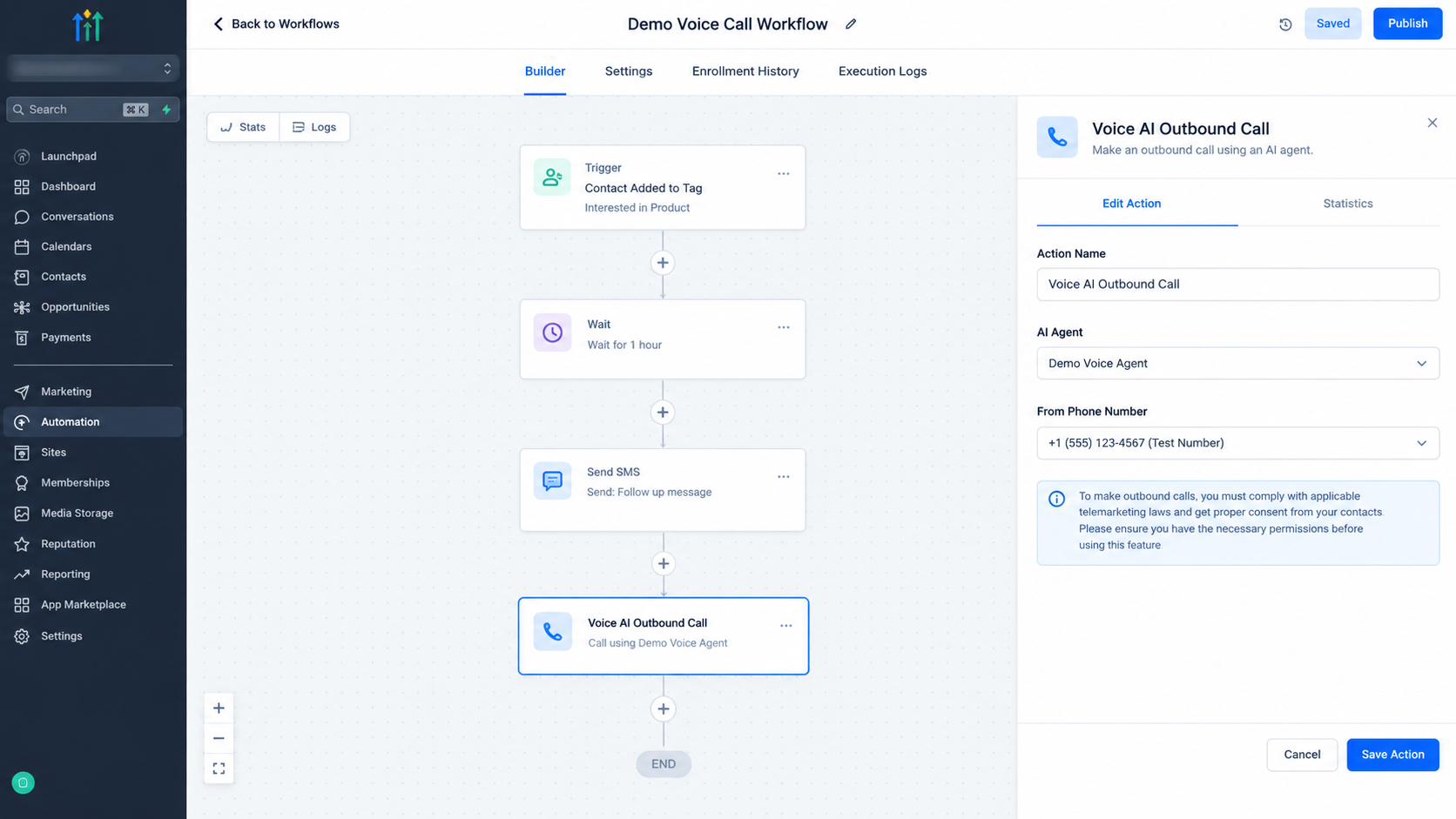 GoHighLevel Workflow Builder showing the Voice AI Outbound Call action in a workflow GoHighLevel Workflow Builder showing the Voice AI Outbound Call action in a workflow