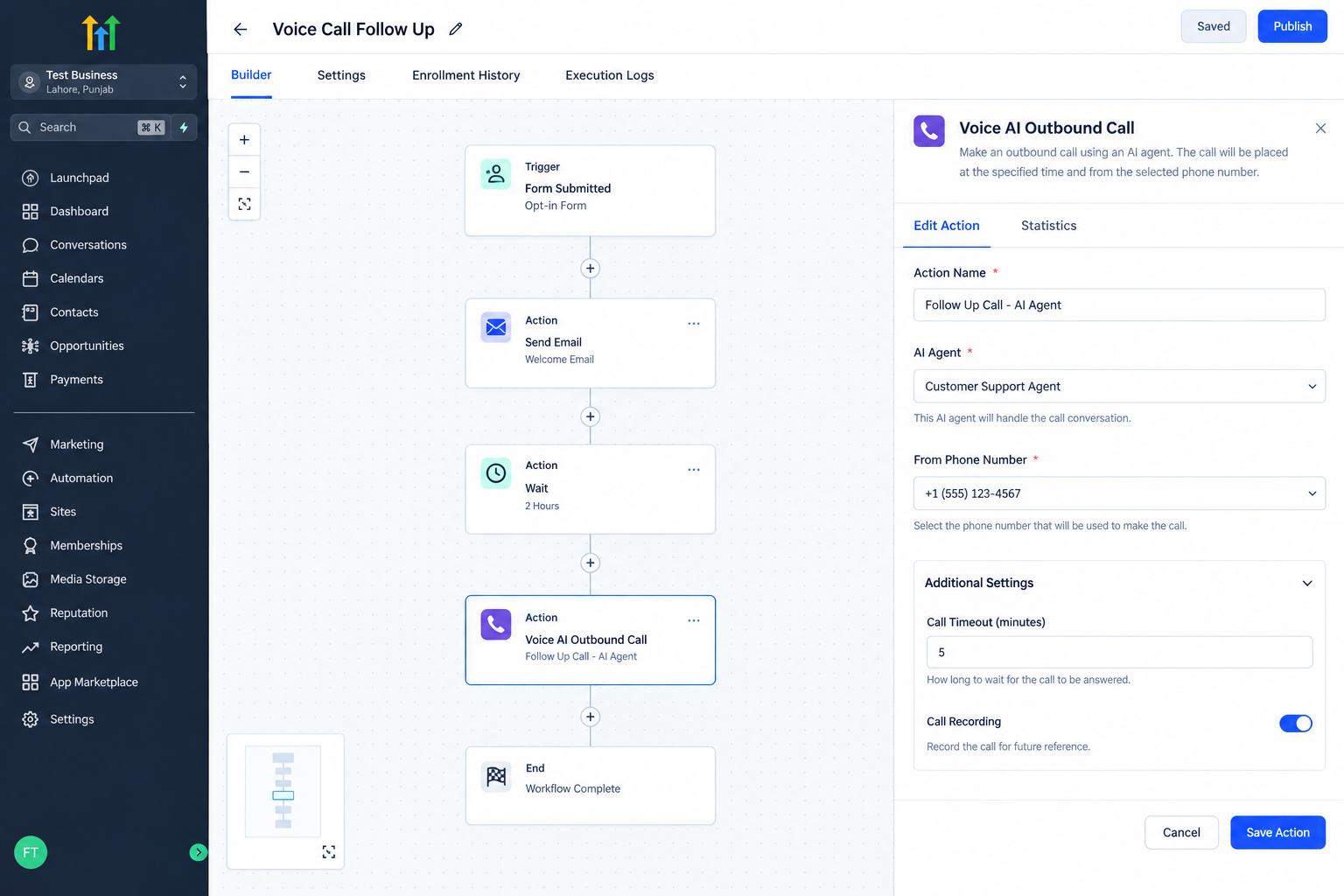 GoHighLevel workflow showing Voice AI Outbound Call placed after workflow trigger and actions GoHighLevel workflow showing Voice AI Outbound Call placed after workflow trigger and actions