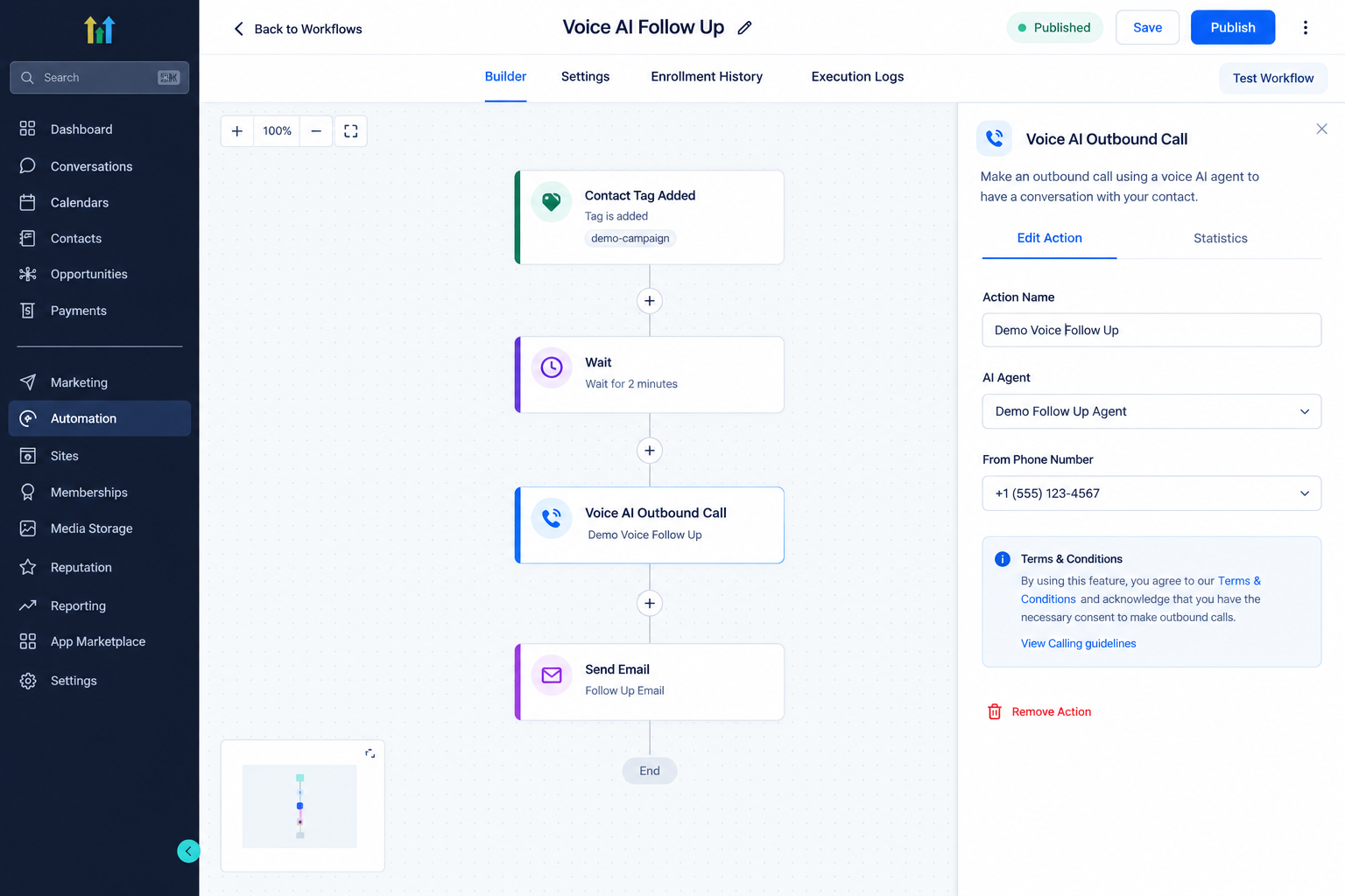 GoHighLevel Workflow Builder showing a completed workflow with Voice AI Outbound Call configured for testing GoHighLevel Workflow Builder showing a completed workflow with Voice AI Outbound Call configured for testing
