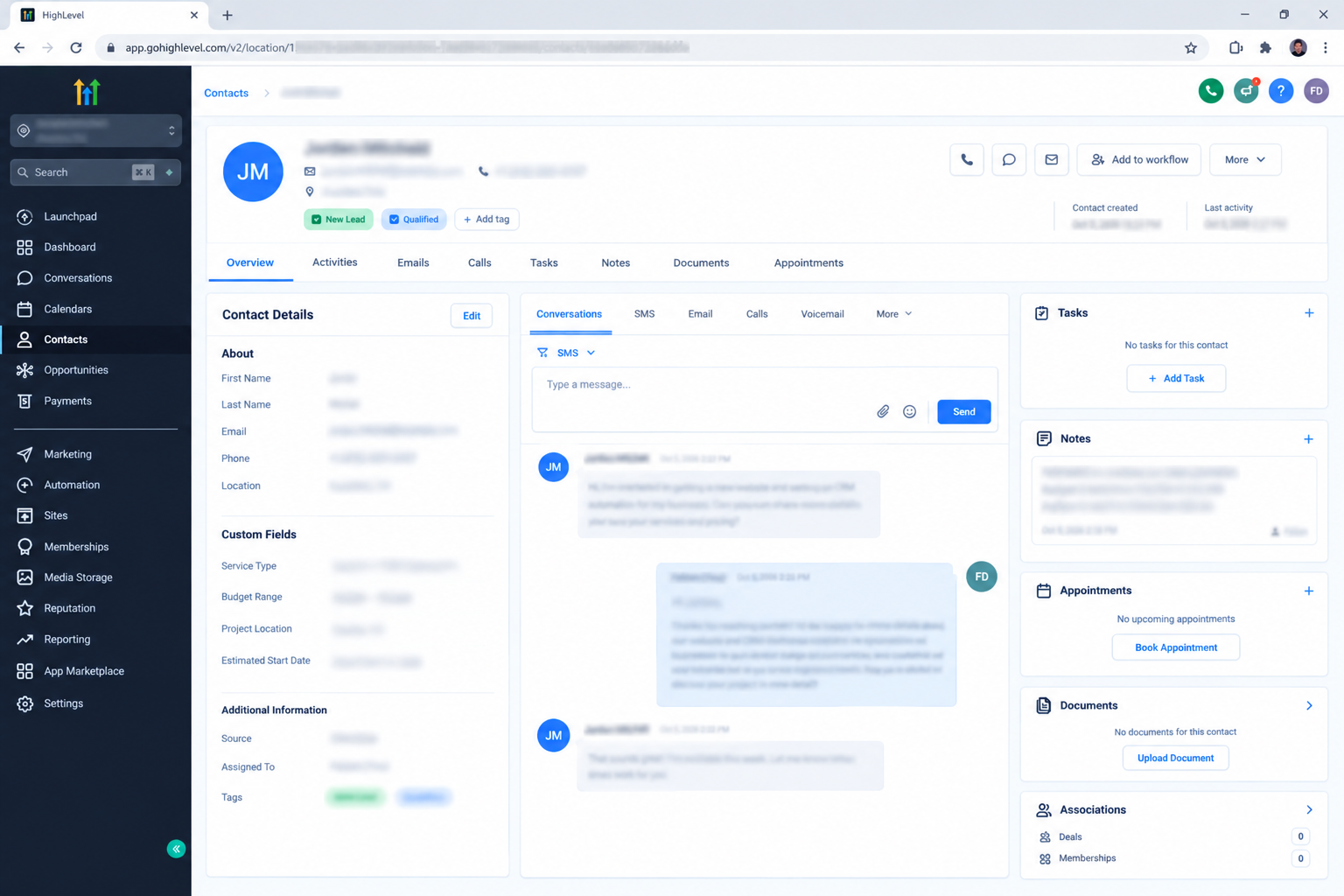 GoHighLevel contact record showing lead qualification information and custom fields GoHighLevel contact record showing lead qualification information and custom fields