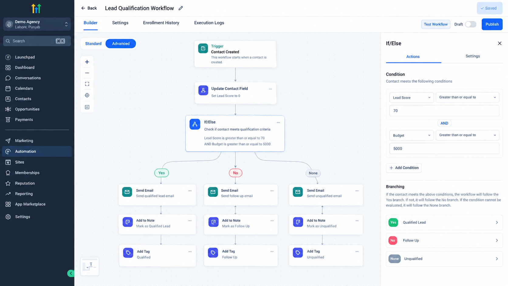 GoHighLevel Workflow Builder showing lead qualification conditions and branching logic GoHighLevel Workflow Builder showing lead qualification conditions and branching logic