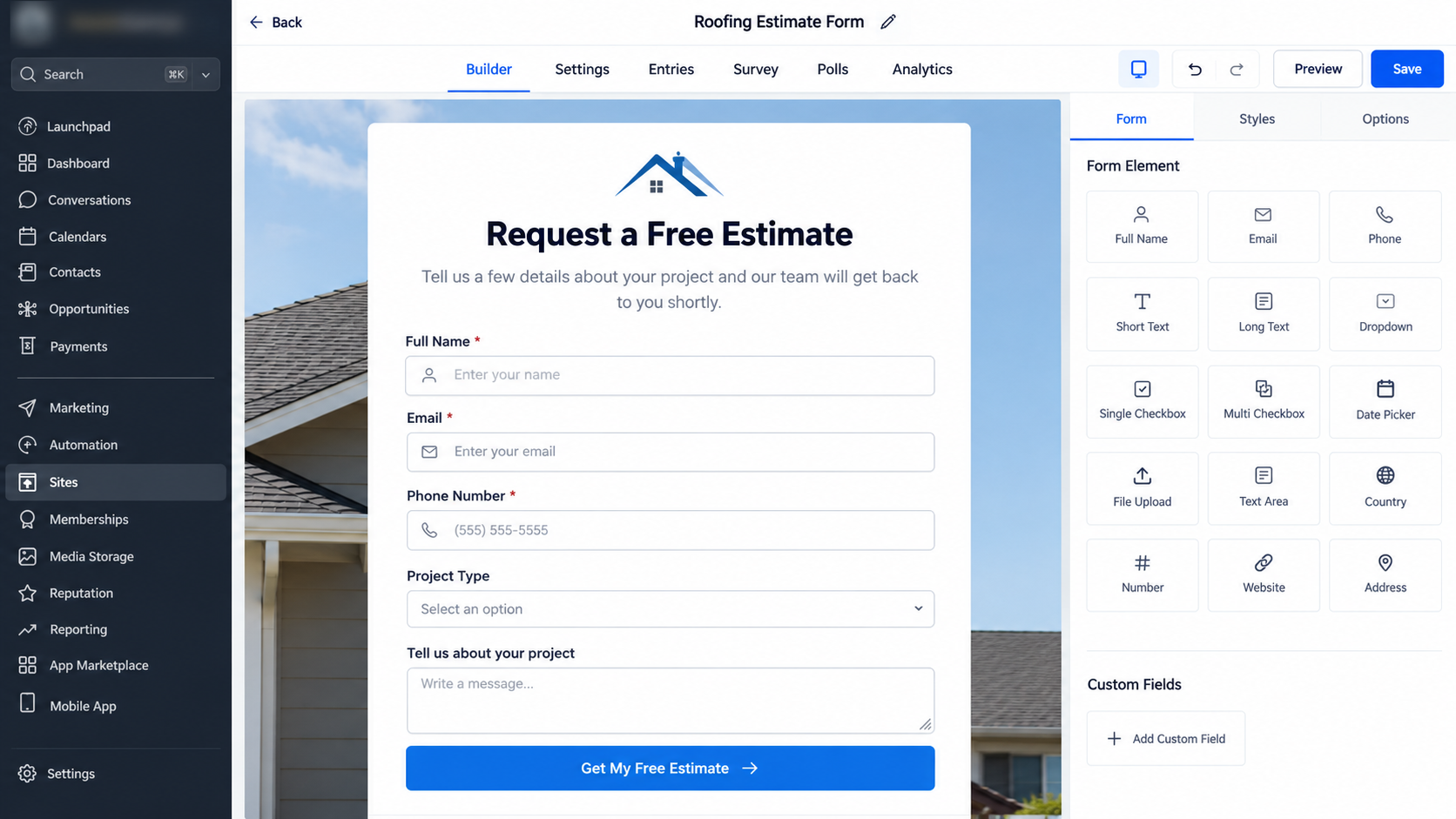 GoHighLevel form builder showing contact fields for website lead generation GoHighLevel form builder showing contact fields for website lead generation