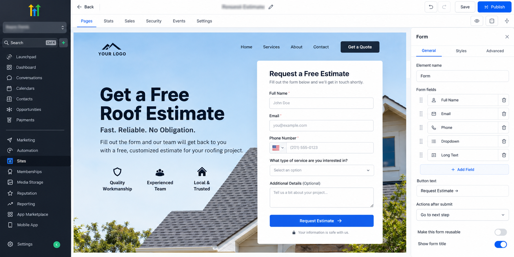 GoHighLevel roofing estimate landing page with website lead form GoHighLevel roofing estimate landing page with website lead form