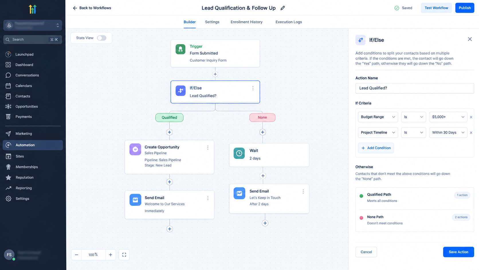 GoHighLevel workflow showing separate paths for qualified and unqualified leads GoHighLevel workflow showing separate paths for qualified and unqualified leads