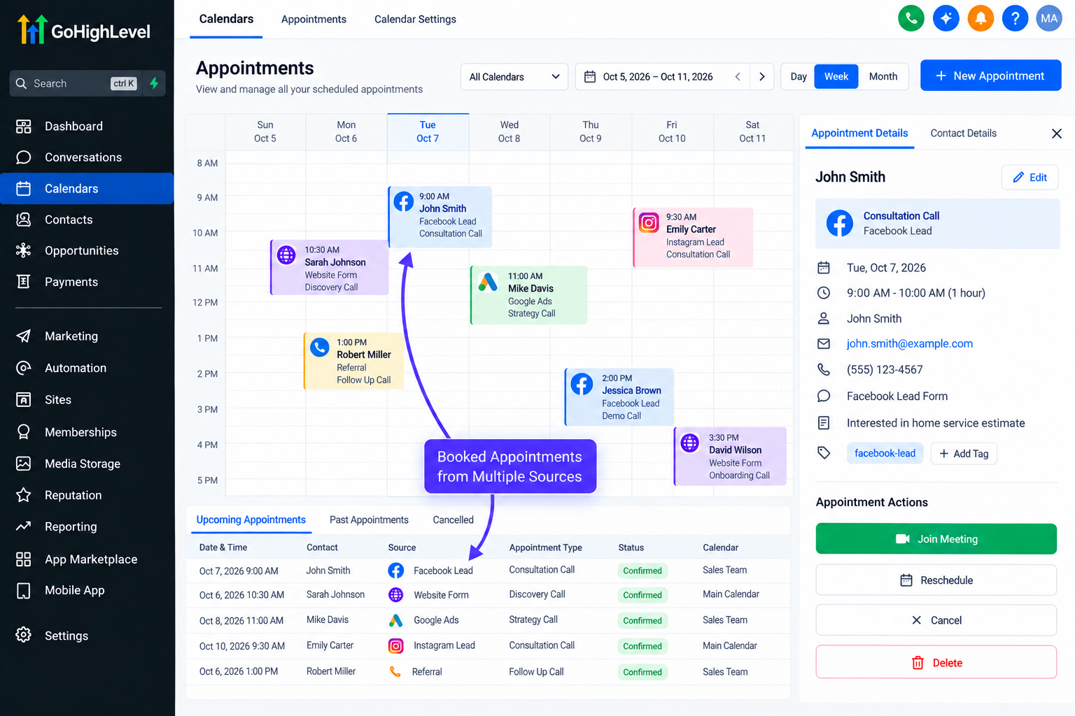 GoHighLevel calendar showing booked appointments from Facebook, Google Ads, website forms, Instagram, and referral leads. GoHighLevel calendar showing booked appointments from Facebook, Google Ads, website forms, Instagram, and referral leads.